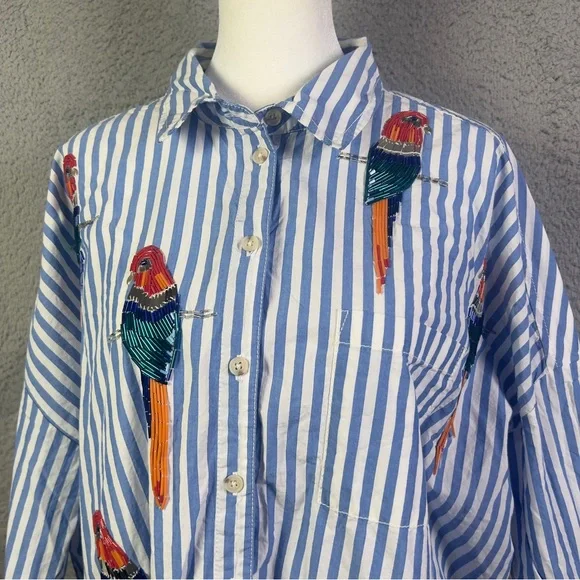 Maeve Parrot Button Down Shirt Womens XS / S Blue White Striped Sequin Oversized - Picture 2 of 9